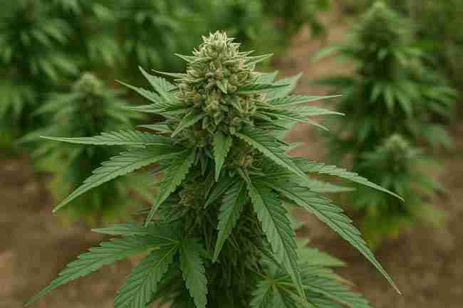 Close-up of a cannabis cola with healthy green leaves and dense buds, showing results of balanced nutrient feeding.