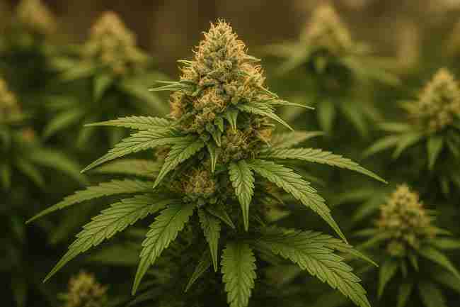 Cannabis plants in mid-flower under grow lights with healthy buds and good airflow control for humidity and density.