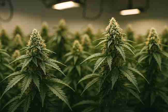 Cannabis plants under grow lights with lower stems cleaned and thick buds forming at the top.