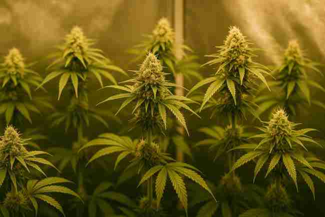Cannabis plants under grow lights with uneven canopy heights and dense foliage showing airflow and nutrient issues.