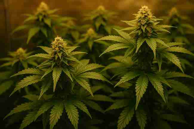 Cannabis plants arranged evenly in an indoor grow, showing plant spacing and canopy planning for different tent sizes.