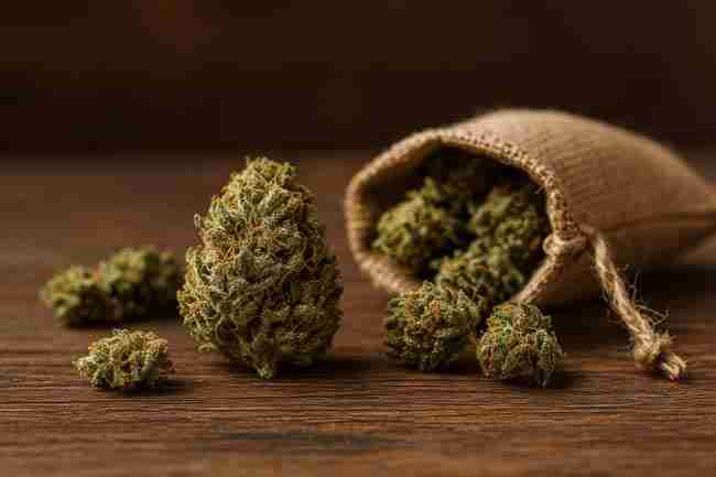 Dried cannabis buds on a wooden surface spilling from a burlap sack, symbolizing pros and cons of yield outcomes.