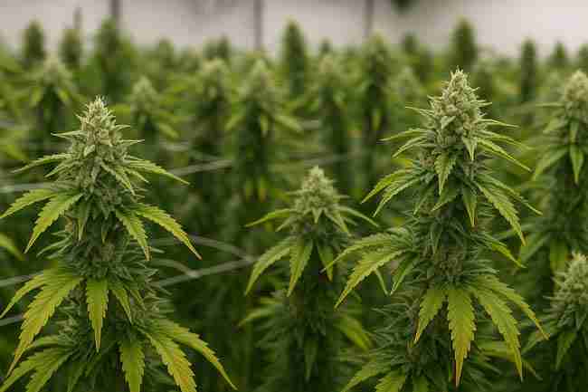 Indoor cannabis grow with healthy buds, trellis support, and balanced lighting, showing dialed-in grow specifications.