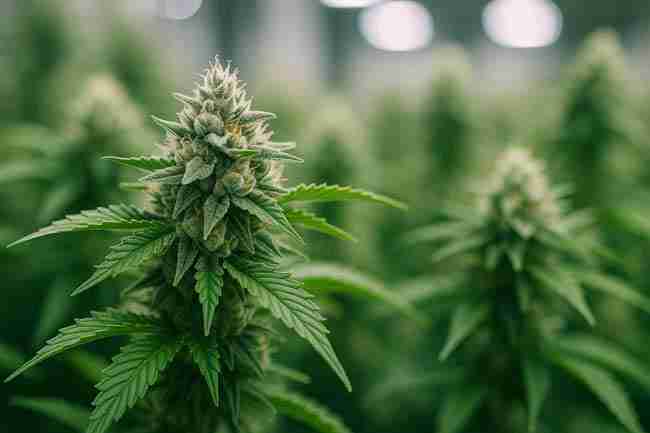 Close-up of healthy cannabis plants in different grow setups, showing compact and large high-yield growth styles.