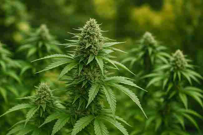 Outdoor cannabis plants in full bloom with dense buds, representing common grower questions about high yield seeds.