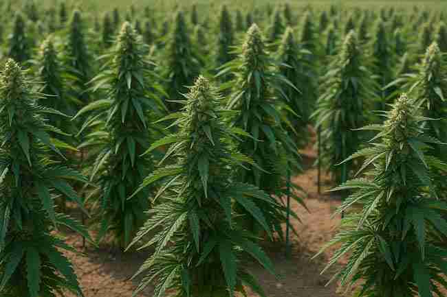 Rows of outdoor cannabis plants in full bloom, symbolizing a step-by-step grow action plan leading to harvest.