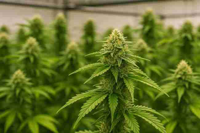 Cannabis plants thriving indoors, showcasing strong stems and healthy bud development.