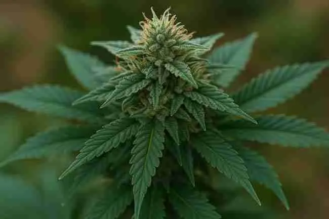 Close-up of a strong cannabis cola with sturdy leaves supported by silica benefits.