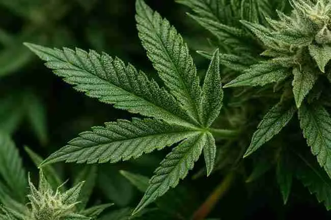 Cannabis leaf coated with trichomes symbolizing silica’s role in plant strength.