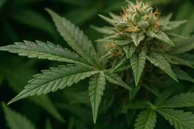 Cannabis fan leaf with resinous bud in background, symbolizing silica dosage benefits.