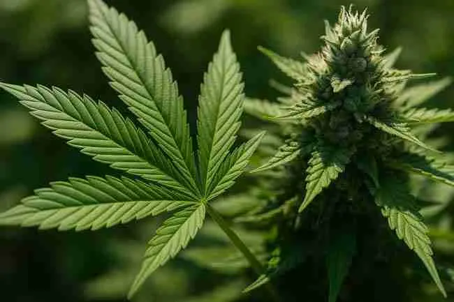 Healthy cannabis plant leaf and cola illustrating silica use in different grow mediums.