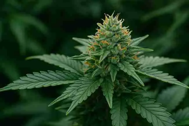 Cannabis bud with orange pistils and frosty trichomes symbolizing silica’s pH balancing role.