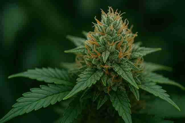 Cannabis bud with orange pistils and frosty trichomes representing silica feeding schedules.
