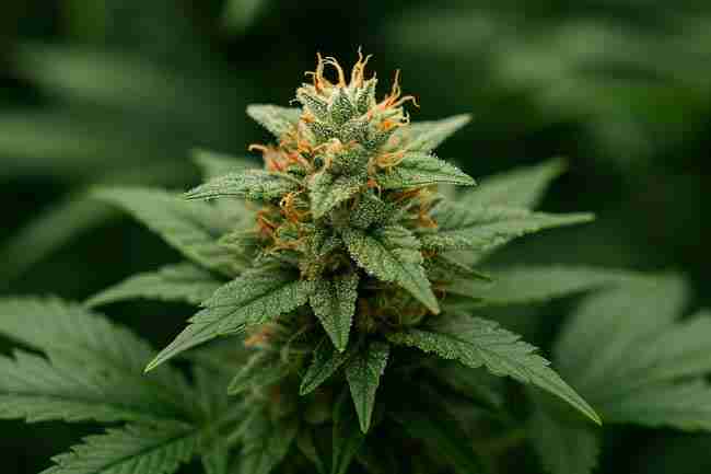 Frosty cannabis cola with orange pistils symbolizing silica’s role in strong plant growth.