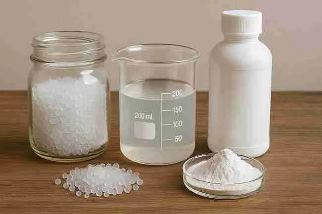 Different silica forms—powder, liquid, beads, and supplement bottle on wooden table.