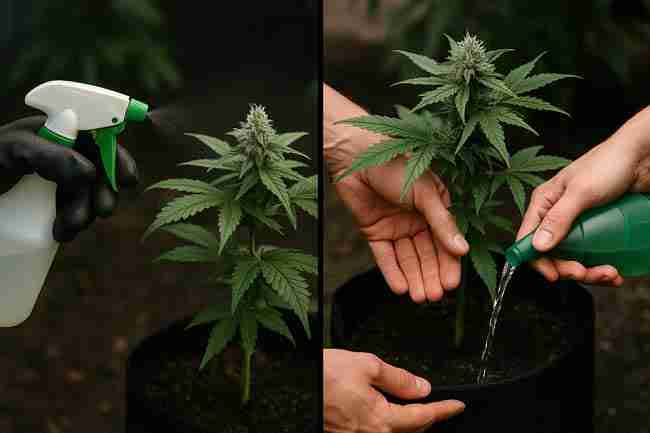 Split image showing foliar spray on cannabis leaves and root-zone silica watering.