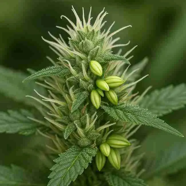 Close-up of hermaphroditic cannabis plant showing female buds with resin and male pollen sacs forming together.