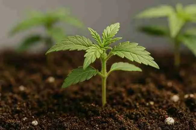 Young cannabis seedling growing in healthy soil, representing genetic and environmental factors influencing feminized seeds herm risk.
