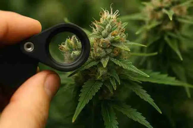 Grower inspecting cannabis bud with jeweler’s loupe to detect early signs of feminized seeds herm risk like nanners or pollen sacs.
