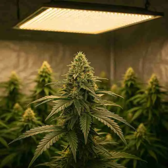 Indoor cannabis grow under LED lighting showing healthy buds, representing stable conditions to prevent feminized seeds herm risk.