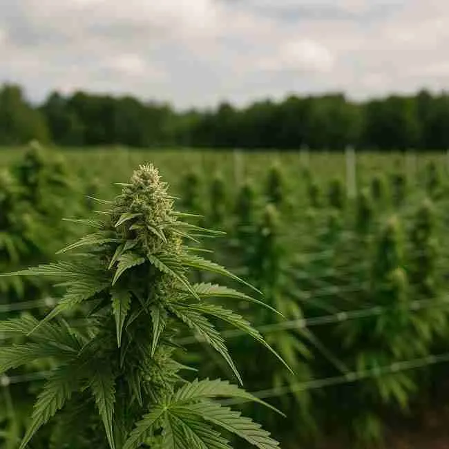 Outdoor cannabis farm with mature buds under sunlight, symbolizing real-world management of feminized seeds herm risk when spotting nanners.