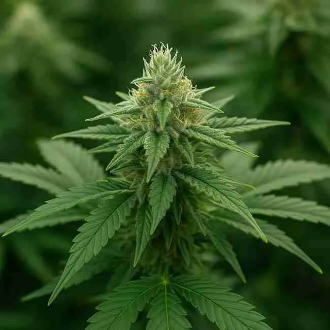 Flowering cannabis plant with dense bud and trichomes, symbolizing the pros and cons of feminized seeds herm risk in cultivation.