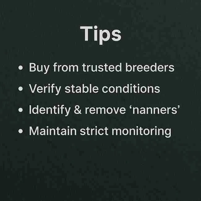 Tips list graphic showing breeder choice, stable grow conditions, nanner removal, and monitoring to reduce feminized seeds herm risk.