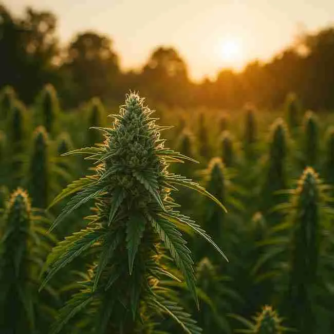 Cannabis farm at sunset with flowering plants, symbolizing practical prevention strategies against feminized seeds herm risk.