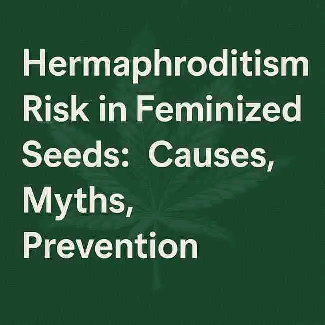 Digital title graphic displaying “Hermaphroditism Risk in Feminized Seeds: Causes, Myths, Prevention” on a green background with cannabis leaf texture.