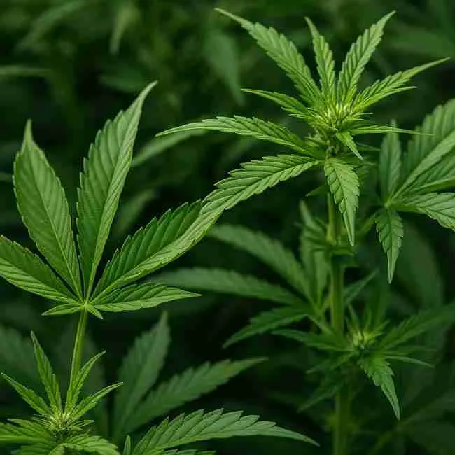 Cannabis plant showing canoeing leaves curling upward under natural light stress conditions