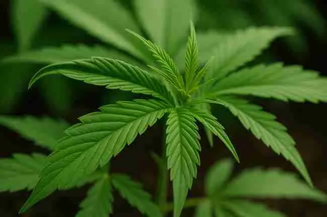 Cannabis leaf canoeing upward with edges curling due to excessive light exposure