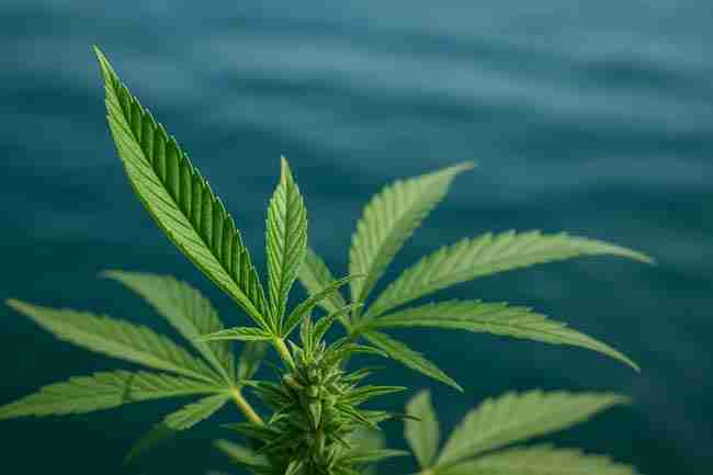 Cannabis plant leaf canoeing upward with soil background showing watering stress