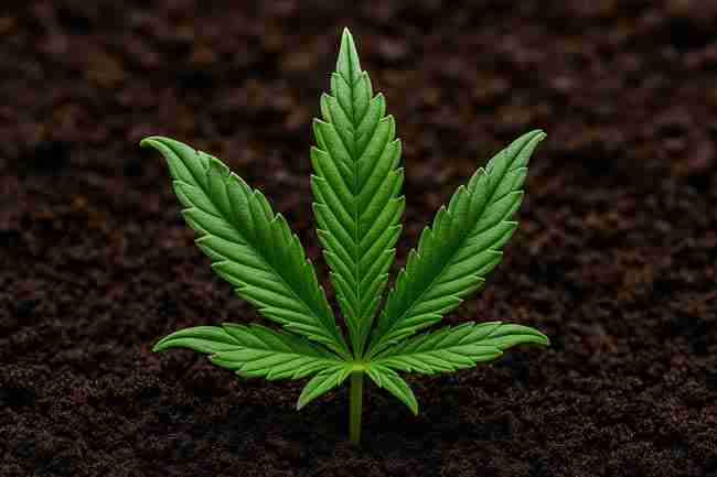 Cannabis leaf curling slightly upward in soil background showing gradual recovery phase