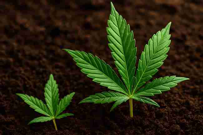 Two cannabis leaves growing in soil, one larger and one smaller, showing comparison of stress stages
