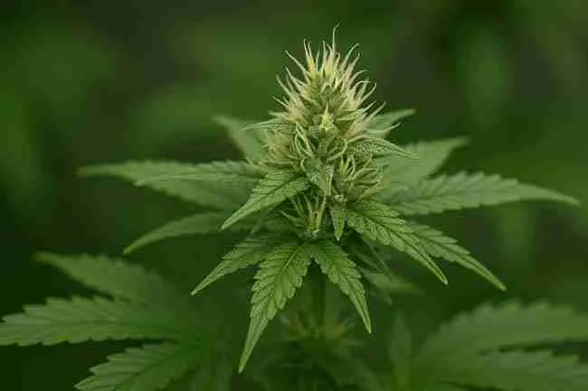 Cannabis plant in early flowering stage showing bud development, frosty trichomes, and healthy green fan leaves.
