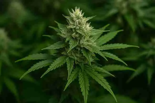 Close-up of a cannabis flowering cola showing frosty trichomes, vibrant fan leaves, and healthy stable bud development.