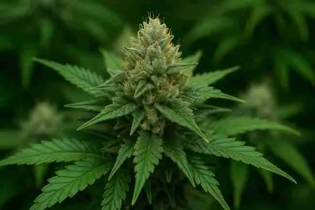 Close-up of a cannabis cola at peak flowering showing frosty trichomes, orange pistils, and healthy green serrated leaves.