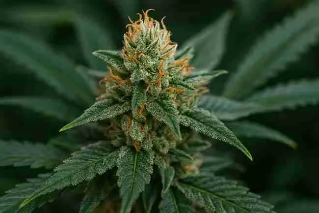 Close-up of a mature cannabis cola covered in frosty trichomes with bright orange pistils and healthy serrated leaves.