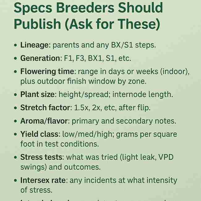 Graphic list detailing breeder specs like lineage, generation, flowering time, plant size, stretch, aroma, yield, stress tests, and feeding style.