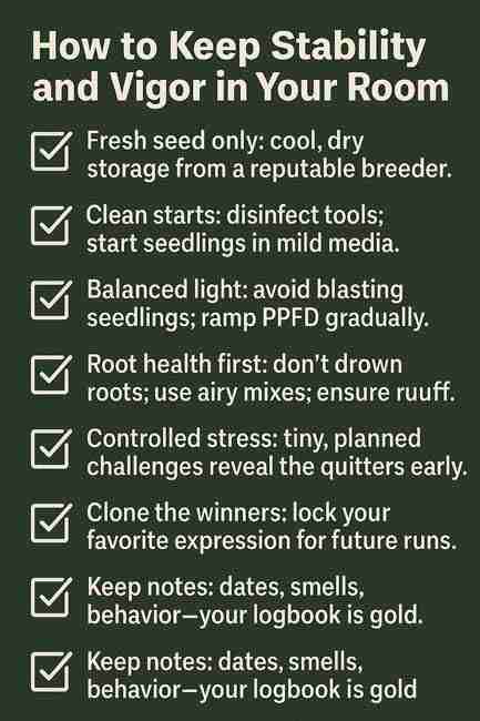 Checklist graphic with seven grower tips including fresh seed, clean starts, balanced light, root health, stress tests, cloning winners, and note keeping.