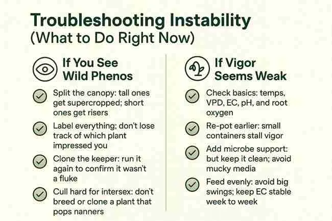 Two-column infographic showing cannabis grower troubleshooting tips: left for wild phenos, right for weak vigor, with icons and checkmarks.