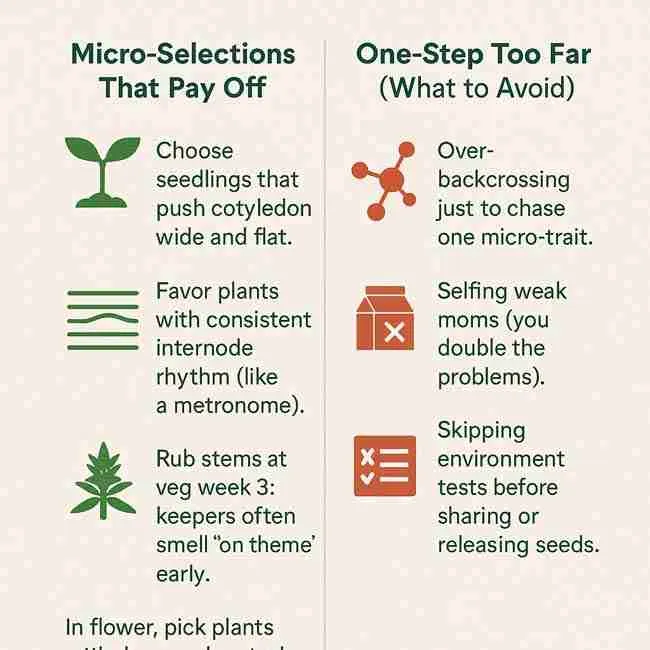 Infographic showing micro-selections for cannabis breeding on the left and common mistakes to avoid on the right with icons.