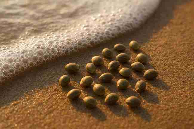 summer seed shipping protection showing cannabis seeds exposed to heat and moisture risk on a sunny shoreline