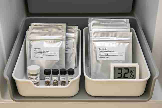 cannabis seed stash plan overview with sealed packs, labels, and desiccant in fridge drawer
