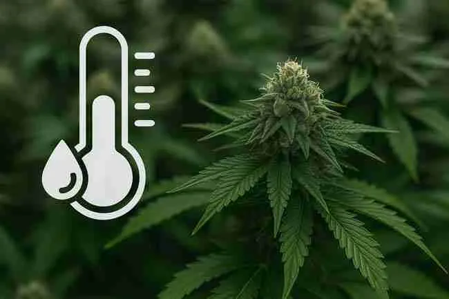 Cannabis plant under indoor grow lights with thermometer and dew symbol representing dew point cannabis temperature and humidity balance.