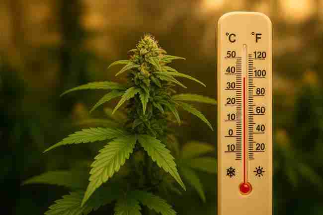 Cannabis plant beside a thermometer at 18°C, symbolizing nighttime dew point cannabis risks and conditions that trigger bud rot.