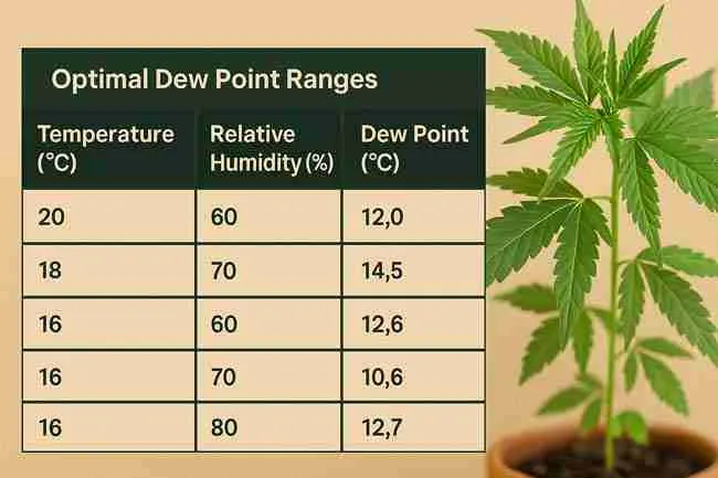 Chart of optimal dew point cannabis ranges with temperature, RH, and dew point values shown beside a healthy green cannabis plant.