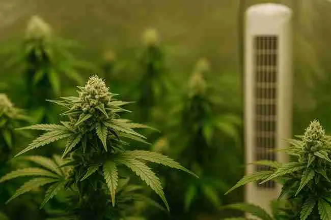 Indoor cannabis grow with dense buds and oscillating fan in background showing airflow for dew point cannabis safety and bud rot prevention.
