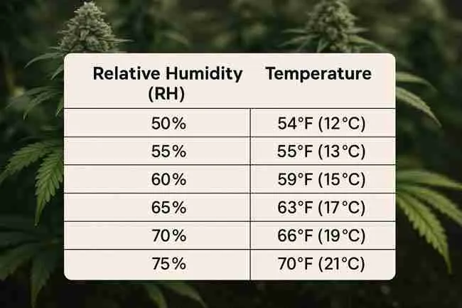 Infographic table showing relative humidity versus temperature values for dew point cannabis growers to prevent bud rot at night.