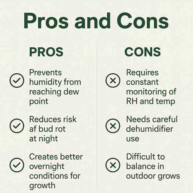Infographic listing pros like reducing humidity and preventing bud rot, and cons like monitoring RH/temp and dehumidifier reliance in cannabis grows.